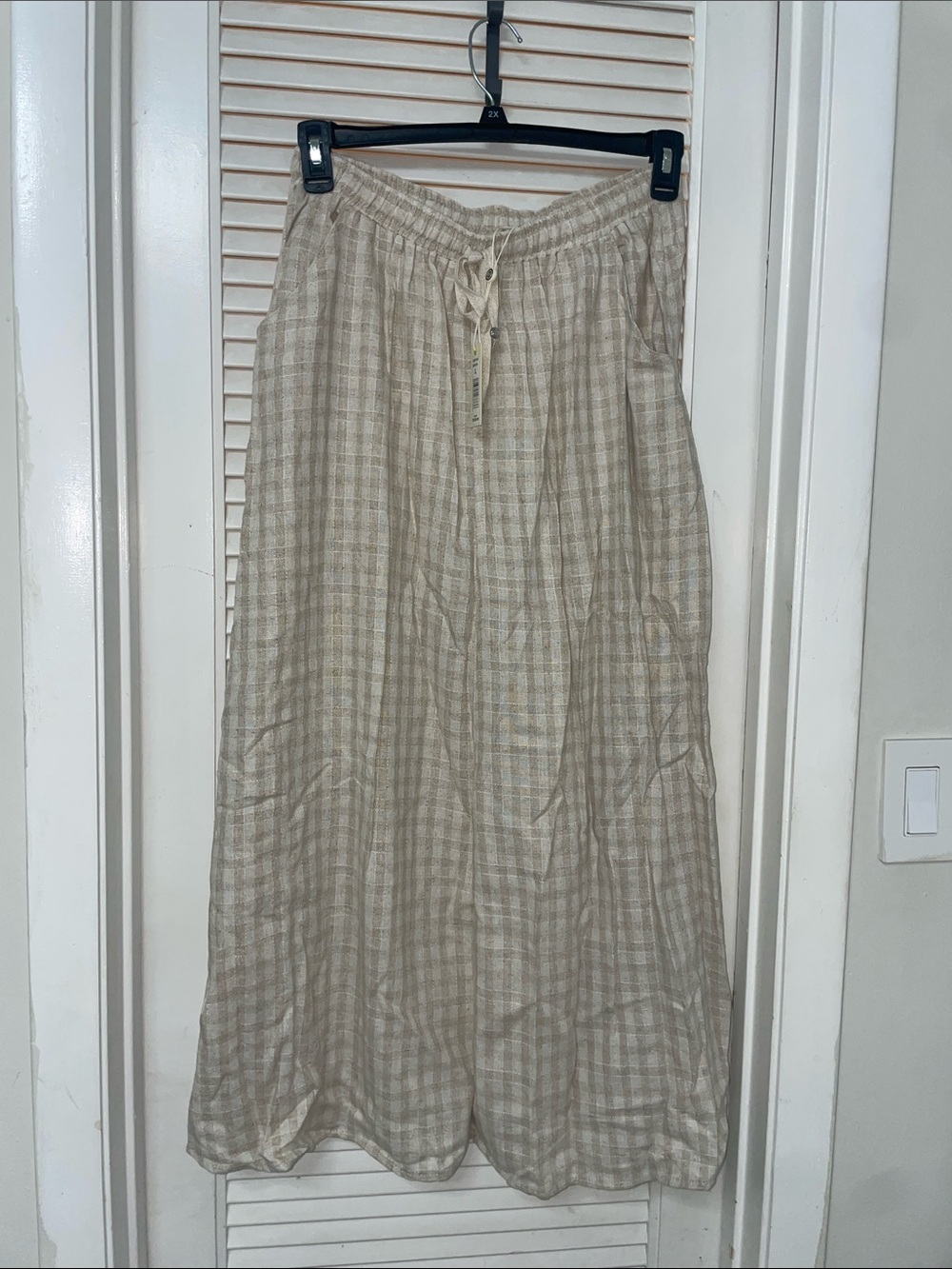 Max Studio Neutral Plaid Linen-Blend Maxi Skirt